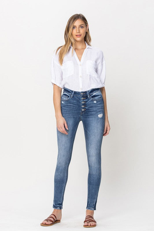 High Rise Button Up Ankle Skinny