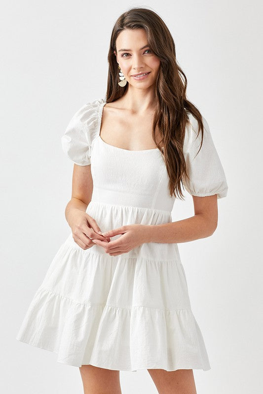 Puff Sleeve Back Double Tie Tiered Dress