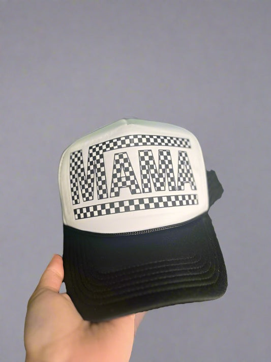 Mama Checkered Ponytail Trucker Hat