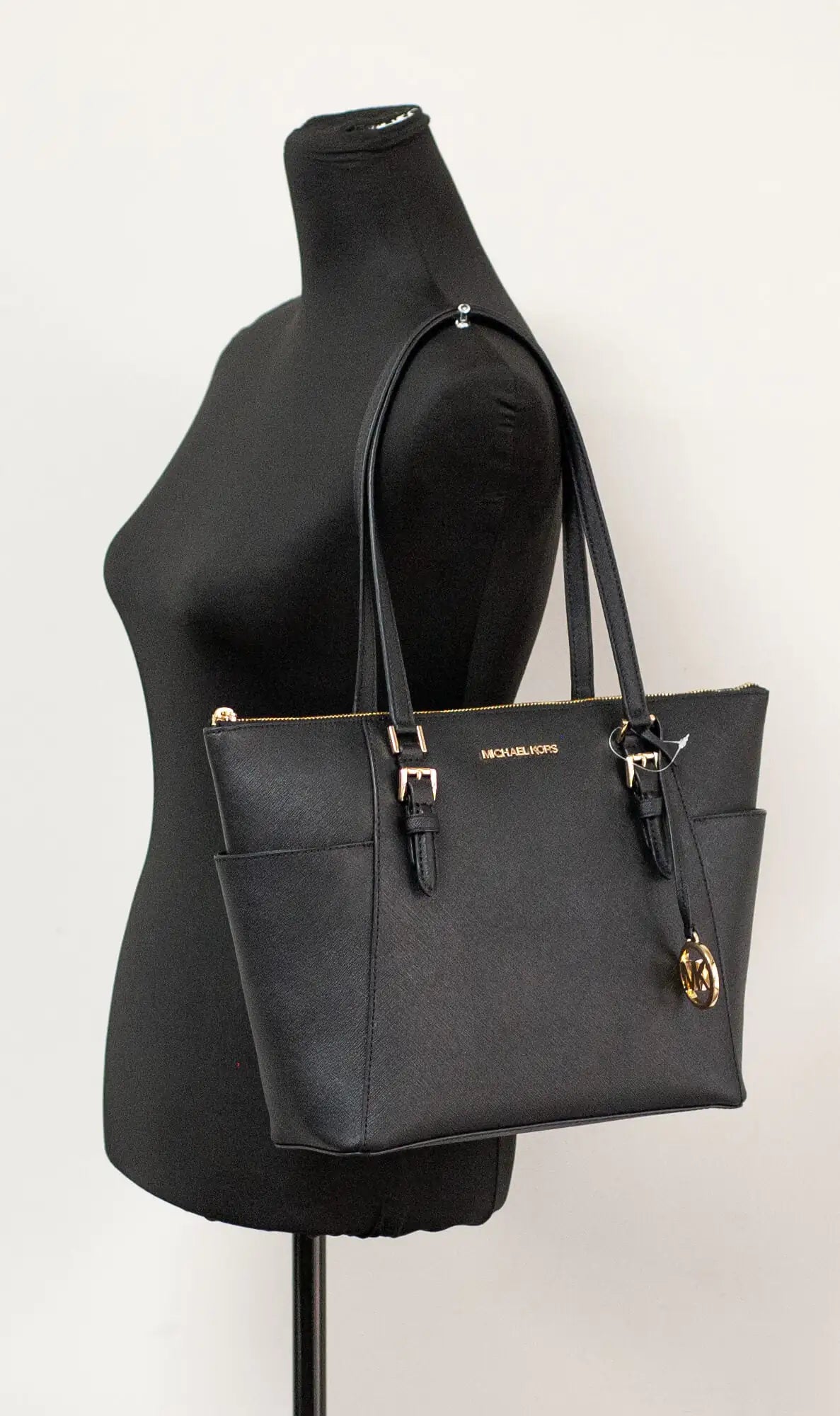 Michael Kors Charlotte Solid Black Leather Tote Handbag